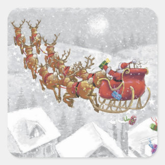 Santa Claus riding on sleigh with gift box Fyrkantigt Klistermärke