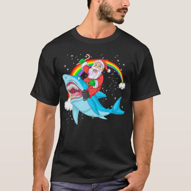 santa claus riding shark christmas t shirt (Framsida)