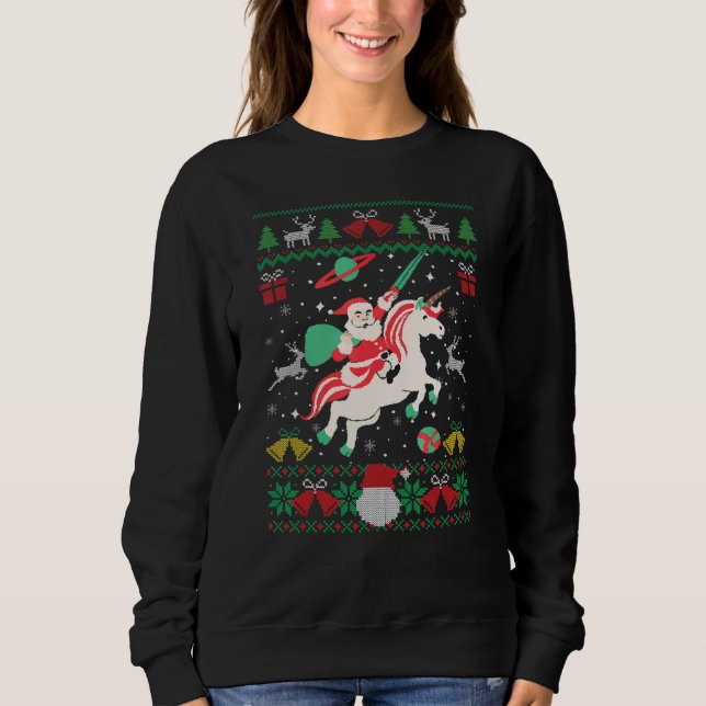Santa Claus Riding Unicorn Christmas Ugly Christma T Shirt (Framsida)
