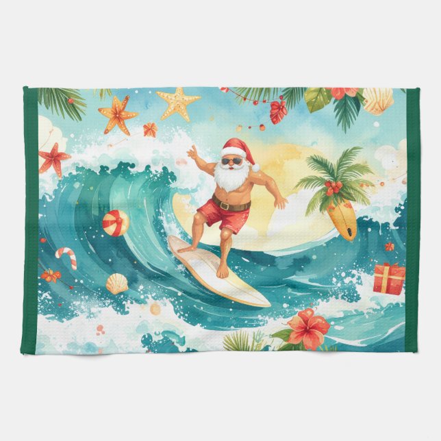  Santa Claus surfing on Christmas Holiday  Kökshandduk (Horisontell)