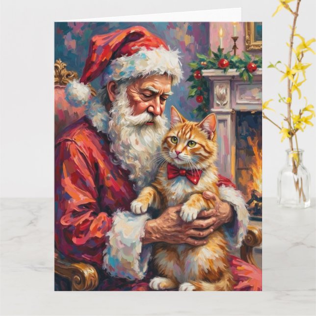 Santa Claus Turkish Angora Cat Christmas Art Kort (Gul blomma)
