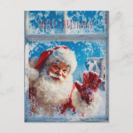 Santa Claus waving cheerfully from a snowy window Vykort