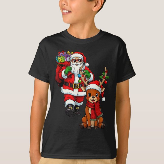 Santa Claus With Reindeer And Cool Christmas  T Shirt (Framsida)