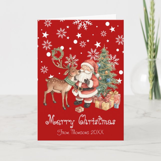 Santa Claus with reindeer whimsical Greeting Card Kort (Framsida)