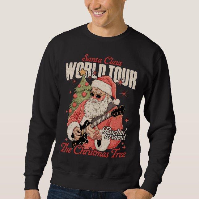 Santa Claus World Tour Cool Christmas Music Guitar Lång Ärmad Tröja (Framsida)