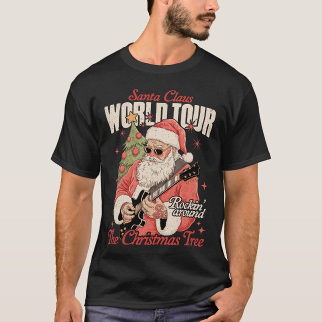 Santa Claus World Tour Cool Christmas Music Guitar T Shirt (Framsida)