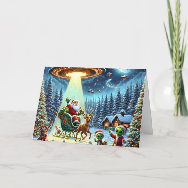 Santa Claus's UFO Alien Helpers Christmas Helgkort (Framsida)