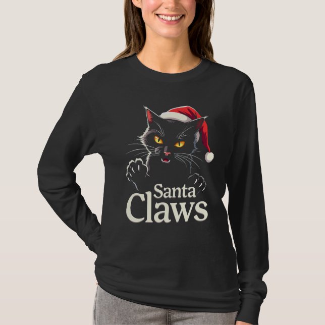 Santa Claws – Funny Black Cat Christmas Design T Shirt (Framsida)