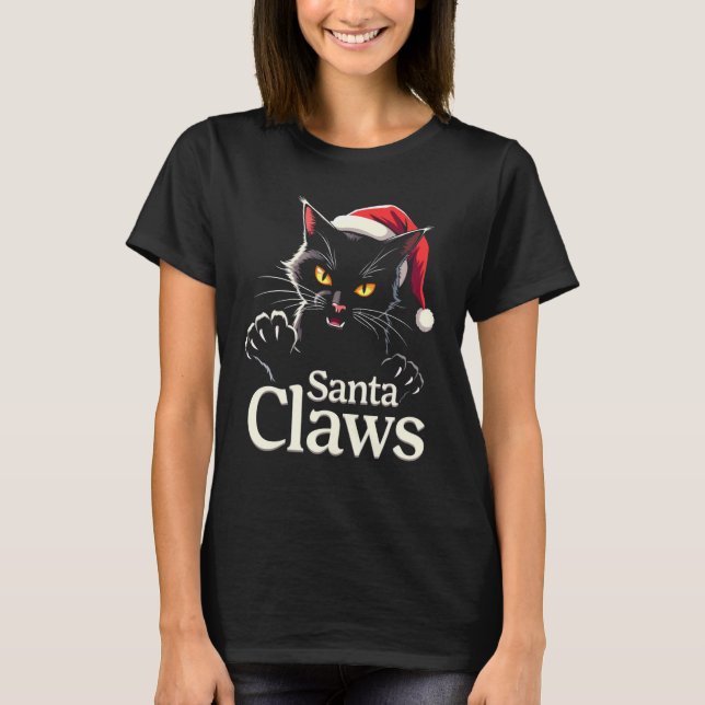 Santa Claws – Funny Black Cat Christmas Design T Shirt (Framsida)