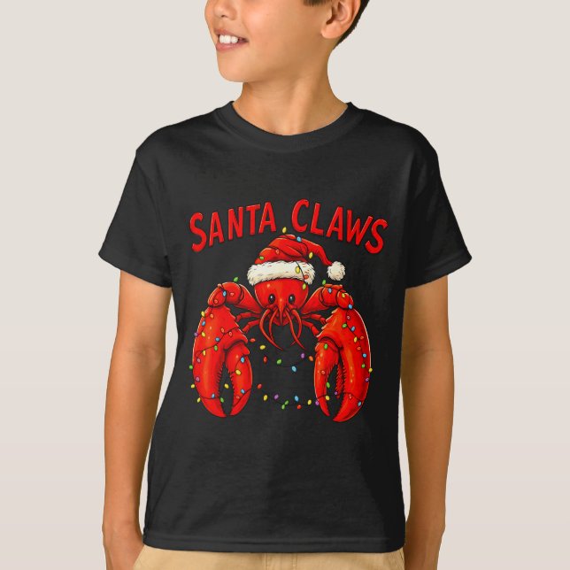 Santa Claws Funny Christmas Lobster With Lights  T Shirt (Framsida)