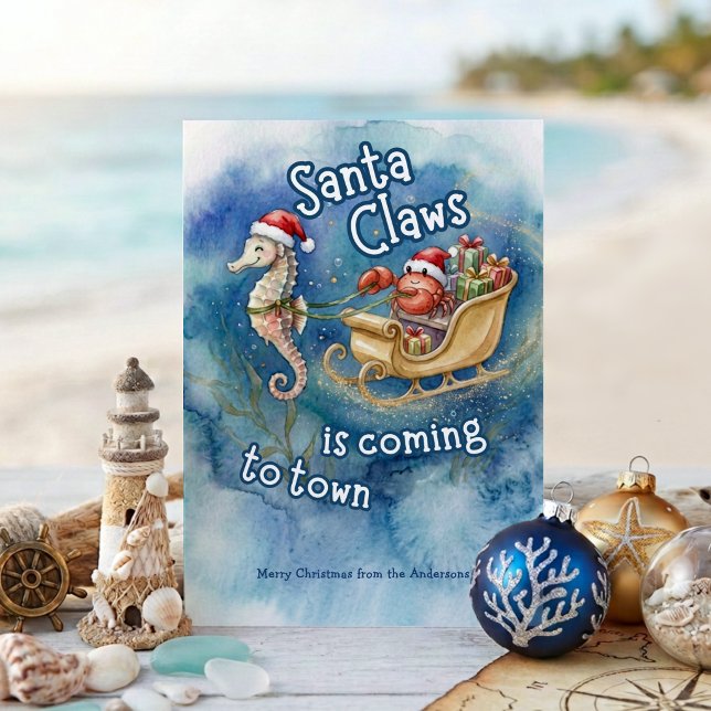 Santa Claws kommer till stan Julfirande vid kusten Julkort (Skapare uppladdad)