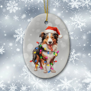 Santa Collie Hund insvept i julgransbelysning  Julgransprydnad Keramik