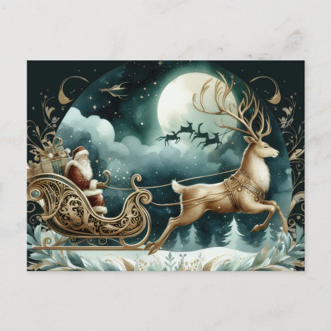Santa coming on a deer sleight Golden Vykort (Framsida)