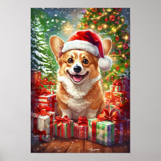 Santa Corgi Christmas Canvas Wall Art Poster