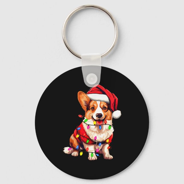 Santa Corgi Dog Christmas Lights Xmas Pajama Dog L Nyckelring (Framsida)