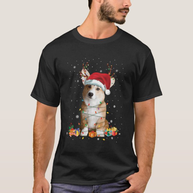 Santa Corgi Reindeer Light jul Gift Funny Do T Shirt (Framsida)