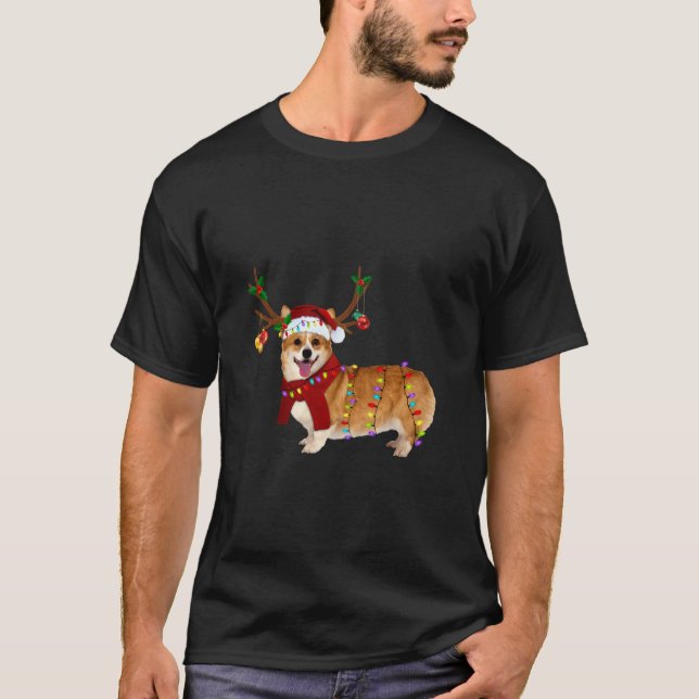 Santa Corgi Reindeer Light-julgåvor T Shirt (Framsida)