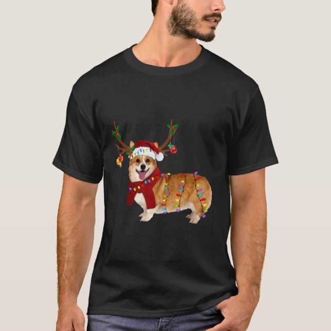 Santa Corgi Reindeer Light-julgåvor T Shirt (Framsida)
