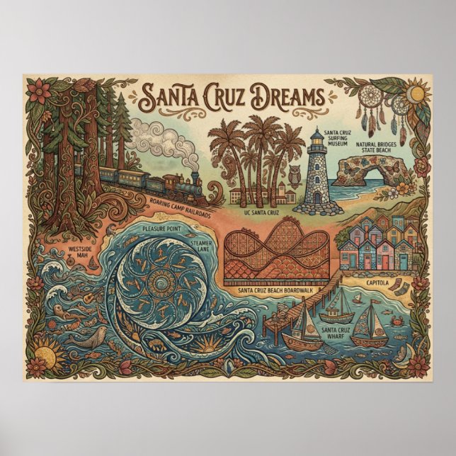 Santa Cruz California Dreams Map – Vibrant Coast Poster (Framsidan)