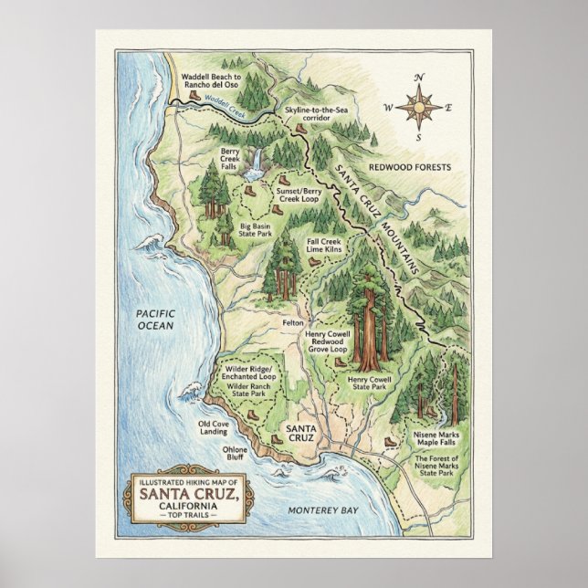 Santa Cruz California Hiking Map Big Basin Poster (Framsidan)