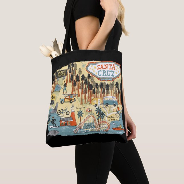 Santa Cruz California Illustrated Karta Black Tygkasse (Närbild)