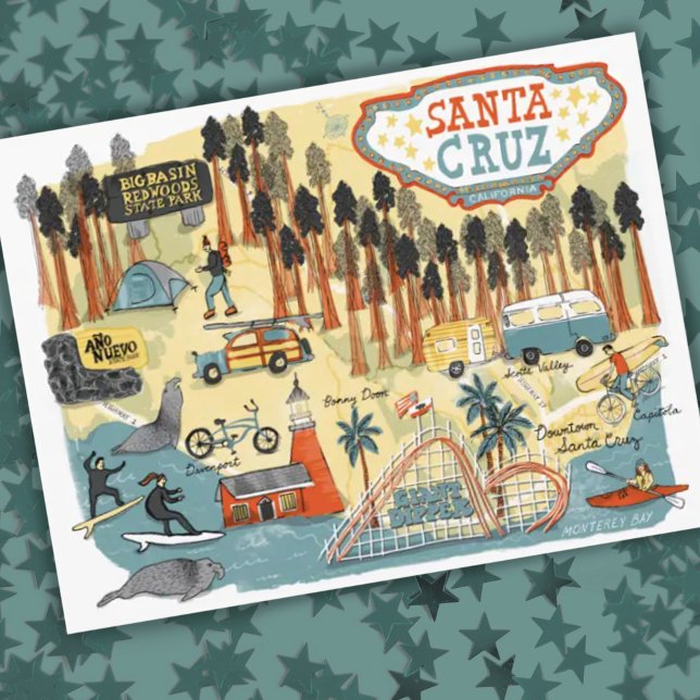 Santa Cruz California Illustrated Karta Vykort (Skapare uppladdad)