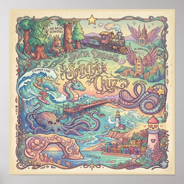 Santa Cruz California Illustrated Map Dreamscape  Poster (Framsidan)