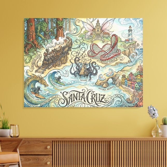 Santa Cruz California Illustrated Map Mythical Canvastryck (Insitu (Vardagsrum))