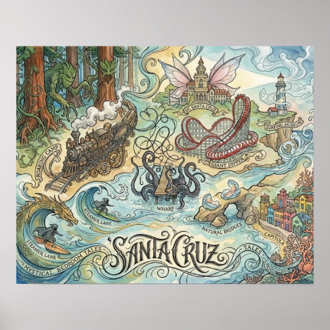 Santa Cruz California Illustrated Map Mythical Poster (Framsidan)