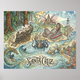 Santa Cruz California Illustrated Map Mythical Poster