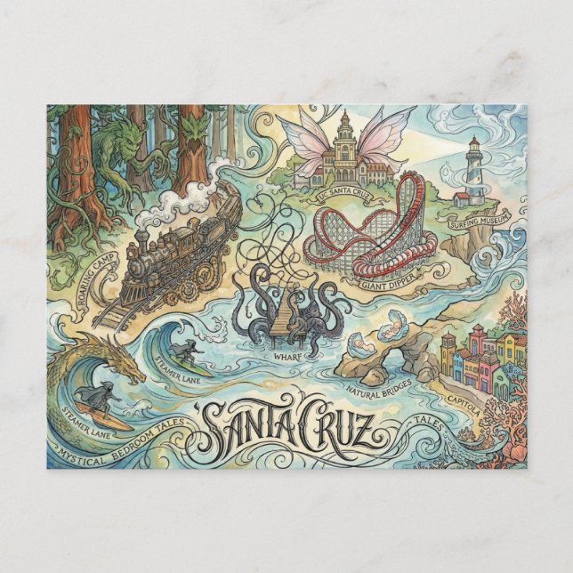 Santa Cruz California Illustrated Map Mythical Vykort (Framsida)