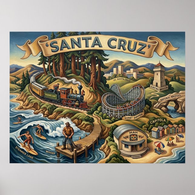 Santa Cruz California Illustrated Map UCSC Wharf Poster (Framsidan)