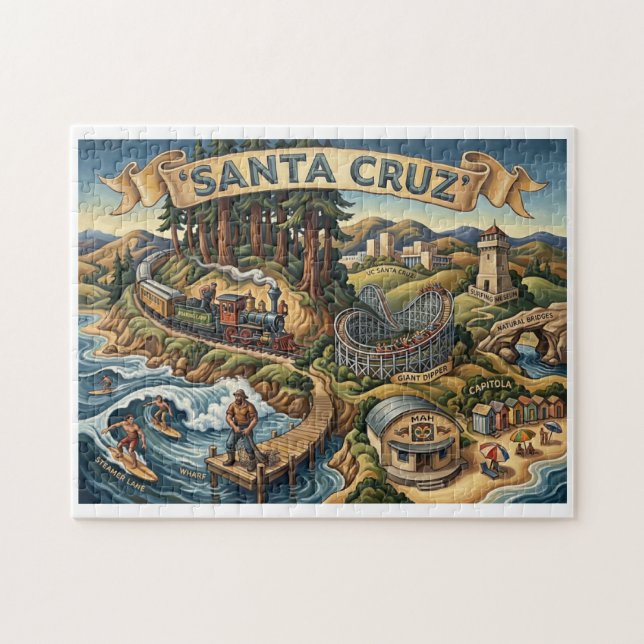 Santa Cruz California Illustrated Map UCSC Wharf Pussel (Horisontell)