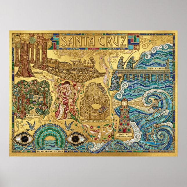 Santa Cruz California Mosaic Map Boardwalk Beach Poster (Framsidan)