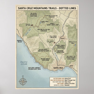 Santa Cruz California Trail Karta Redwood & Coasta Poster