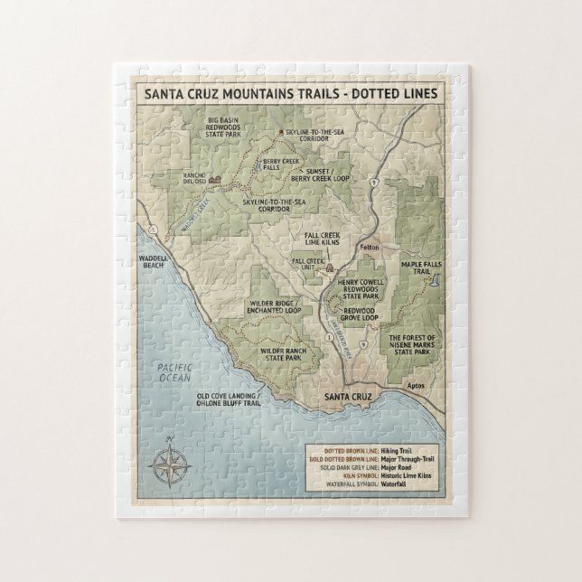 Santa Cruz California Trail Karta Redwood & Coasta Pussel (Vertikal)