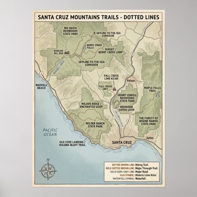 Santa Cruz California Trail Map Redwood & Coastal  Poster (Framsidan)
