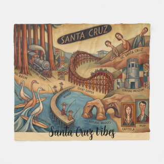 Santa Cruz California Whimsical Map UCSC Boardwalk Fleecefilt