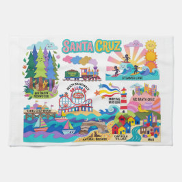 Santa Cruz Illustrated Map Boardwalk Beach Surfing Kökshandduk