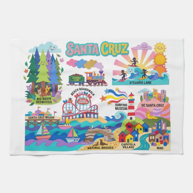 Santa Cruz Illustrated Map Boardwalk Beach Surfing Kökshandduk (Horisontell)