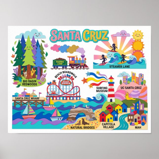 Santa Cruz Illustrated Map Boardwalk Beach Surfing Poster (Framsidan)