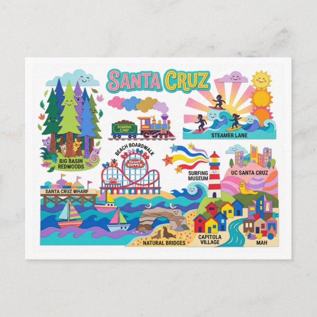 Santa Cruz Illustrated Map Boardwalk Beach Surfing Vykort (Framsida)