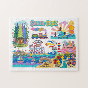 Santa Cruz Illustrerad Karta Boardwalk Beach Surfi Pussel