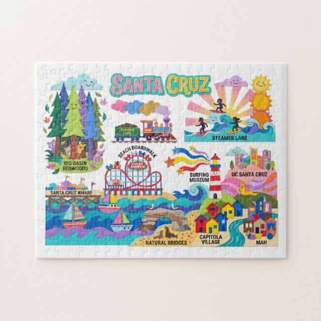 Santa Cruz Illustrerad Karta Boardwalk Beach Surfi Pussel (Horisontell)