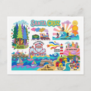 Santa Cruz Illustrerad Kartong Strandpromenad Surf Vykort