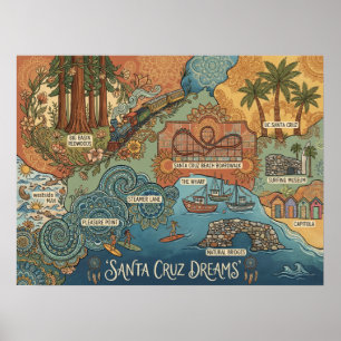 Santa Cruz Kalifornien Drömmar Karta – Levande kus Poster