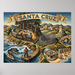 Santa Cruz Kalifornien Illustrerad Karta UCSC Pir Poster