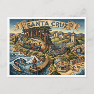 Santa Cruz Kalifornien Illustrerad Karta UCSC Pir Vykort