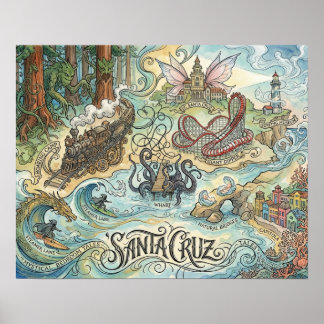 Santa Cruz Kalifornien Illustrerad Kartmytisk Poster