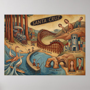 Santa Cruz Kalifornien Whimsical karta UCSC Boardw Poster